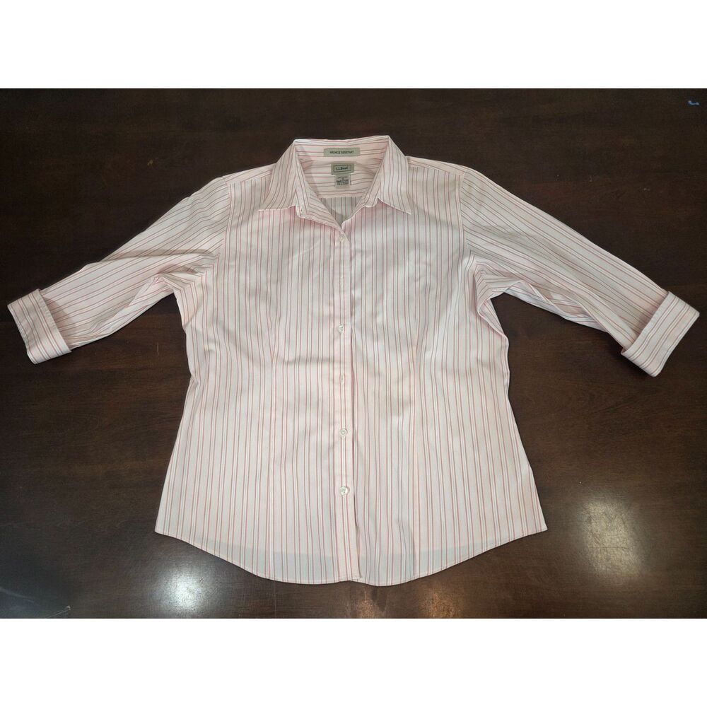 ​LL Bean Womens M Pink White Striped 3/4 Sleeve Button Up Cotton Shirt 275387